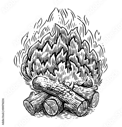 Campfire drawing. Outdoor bonfire of branches. Fire burning wooden logs. Firewood flame with flaming coals