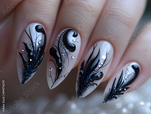 Eine Nahaufnahme einer Hand einer Person mit Nägeln, die mit schwarzem und blauem Nagellack bemalt sind und florale Designs aufweisen.