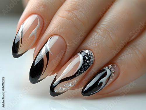 Eine Nahaufnahme der Hände einer Frau, wobei jeder Nagel mit einem manikürten Design in Schwarz und Weiß verziert ist und Glitzer und Nieten enthält.