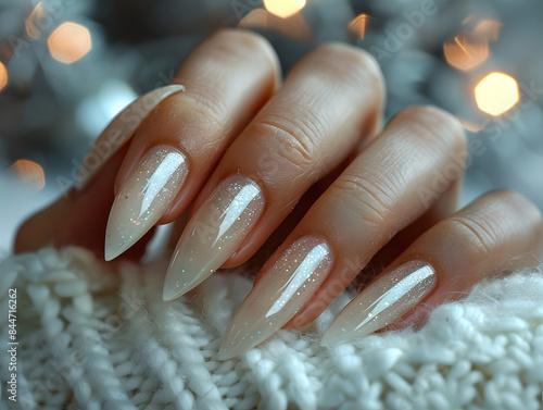 Eine Nahaufnahme der Hand einer Frau mit langen, weißen, glitzernden Nägeln.