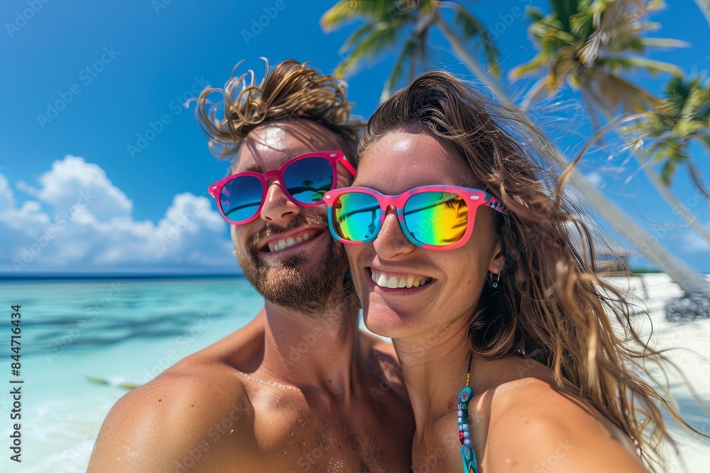 Beautiful and happy smiling couple take a selfie under the palm tree on the beach wearing colorful sunglasses Beautiful and happy smiling couple take a selfie under the palm tree on the beach wearing colorful sunglasses