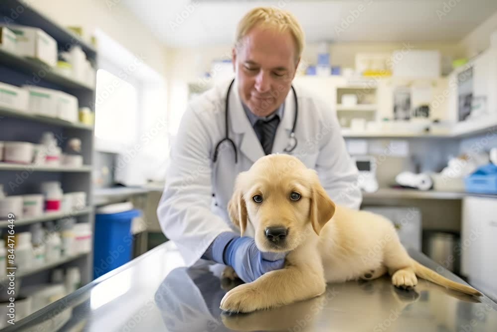 Veterinarian is examining a cute puppy lying on the examination table in a clinic, with shelves full of medicines in the background Veterinarian is examining a cute puppy lying on the examination table in a clinic, with shelves full of medicines in the background