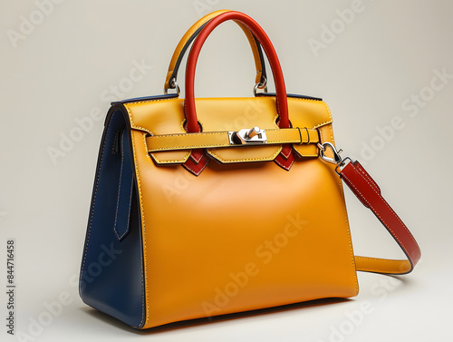 Eine stilvolle gelbe Handtasche mit einem blauen Inneren, einem goldenen Reißverschluss und einem roten Riemen.