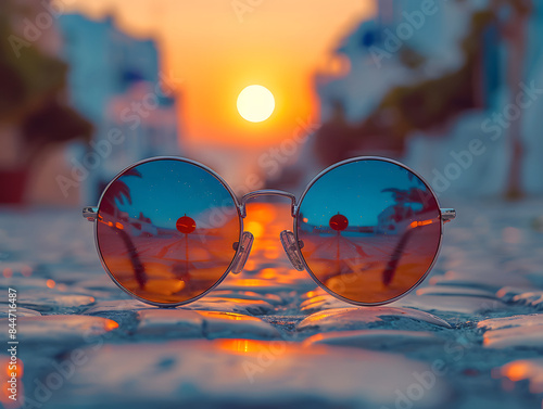 Wallpaper Mural Ein Paar Sonnenbrillen mit einem Blick auf den Sonnenuntergang durch die Gläser, platziert auf einer Kopfsteinpflasterstraße. Torontodigital.ca