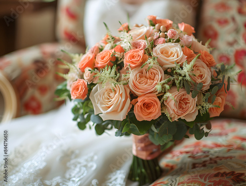 Einen Moment, in dem eine Braut einen Strauß aus weißen Rosen mit orangefarbenen Blüten hält, während das Sonnenlicht auf sie scheint und eine warme und romantische Atmosphäre schafft.