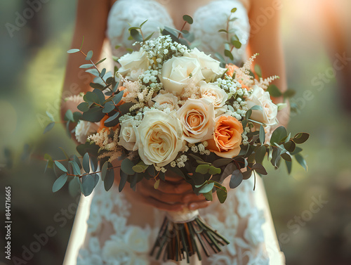 Einen Moment, in dem eine Braut einen Strauß aus weißen Rosen mit orangefarbenen Blüten hält, während das Sonnenlicht auf sie scheint und eine warme und romantische Atmosphäre schafft.