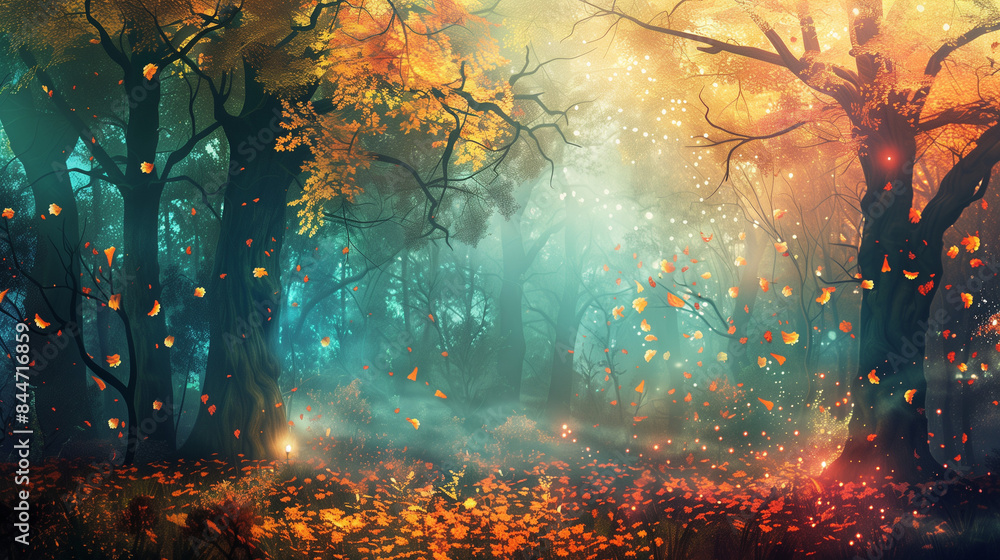 magical forest scene with glowing trees, floating leaves, vibrant autumn hues magical forest scene with glowing trees, floating leaves, vibrant autumn hues