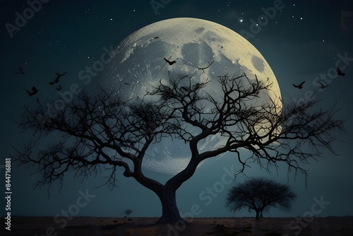 Nighttime Tranquility: Birds Approaching Dry Moonlit Tree © Salinda