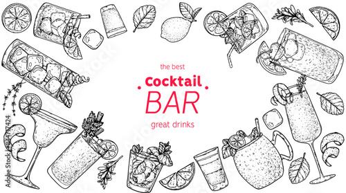 Alcoholic cocktails frame. Hand drawn vector illustration. Cocktails sketch set. Engraved style.