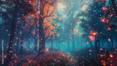 surreal autumn forest with glowing trees, floating leaves, vibrant colors