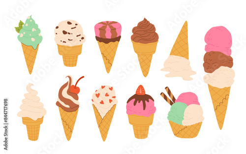 Desserts, sweet eating set. Yummy street food, confectionery snacks. Cone waffle with filling, icecream balls in cup, ice-cream in cone. Flat vector illustrations isolated on white background