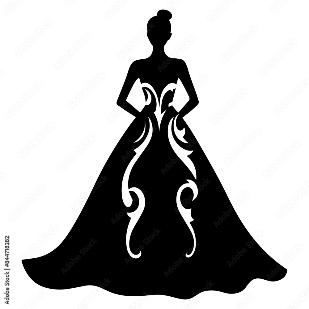 A young woman wearing a long, flowing black dress with intricate white patterns and designs. A young woman wearing a long, flowing black dress with intricate white patterns and designs.