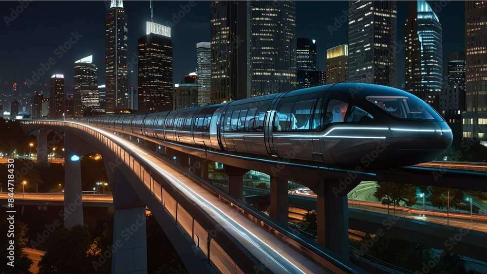High-Speed Monorail in Urban Metropolis at Night High-Speed Monorail in Urban Metropolis at Night