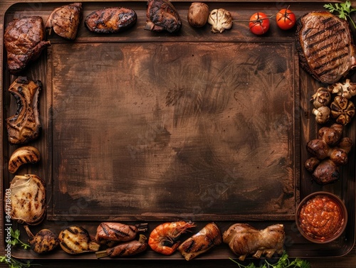 Grilled Food on Wooden Board with Copy Space.