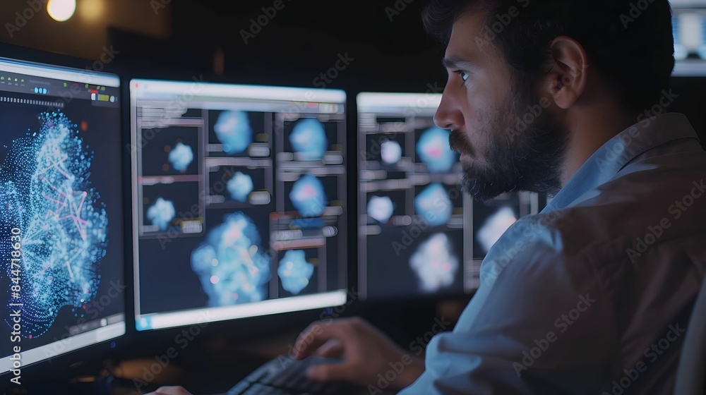 A scientist intensely analyzing complex data visualizations on multiple computer screens, highlighting data science and research work. A scientist intensely analyzing complex data visualizations on multiple computer screens, highlighting data science and research work.