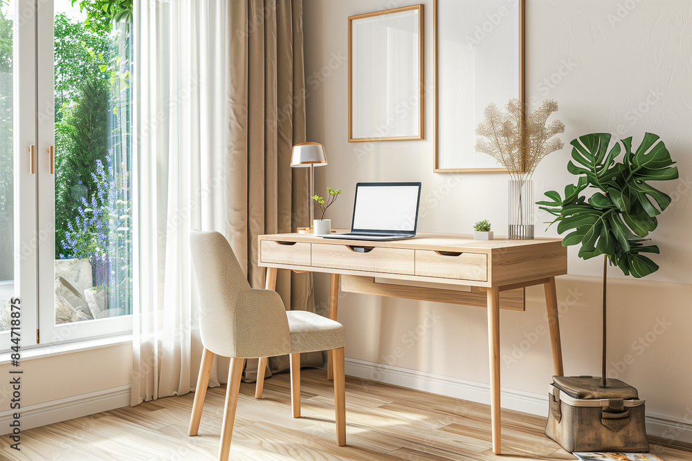 Fototapeta premium Modern home office with wooden desk, laptop, indoor plants, and natural light