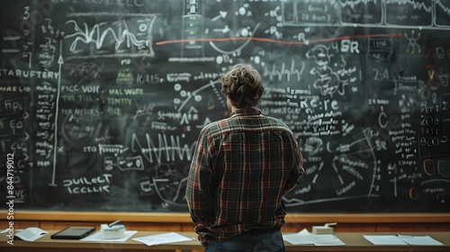 A scientist stands in front of a large blackboard filled with complex equations and diagrams, deep in thought as he analyzes the data.