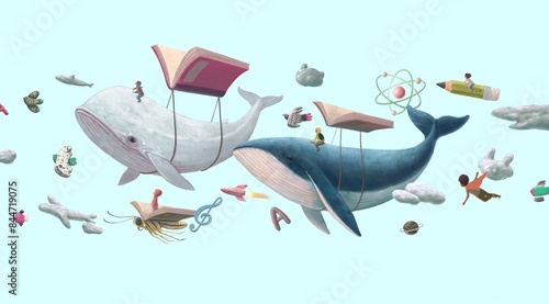 Fotografie Kid, education, book, dream, imagination and back to school concept