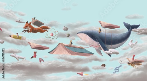 Photos Kid, education, book, dream, imagination and back to school concept