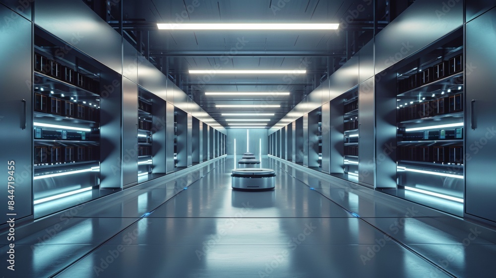 Fototapeta premium Futuristic data center with sleek robotic units and advanced server racks, highlighting high-tech automation