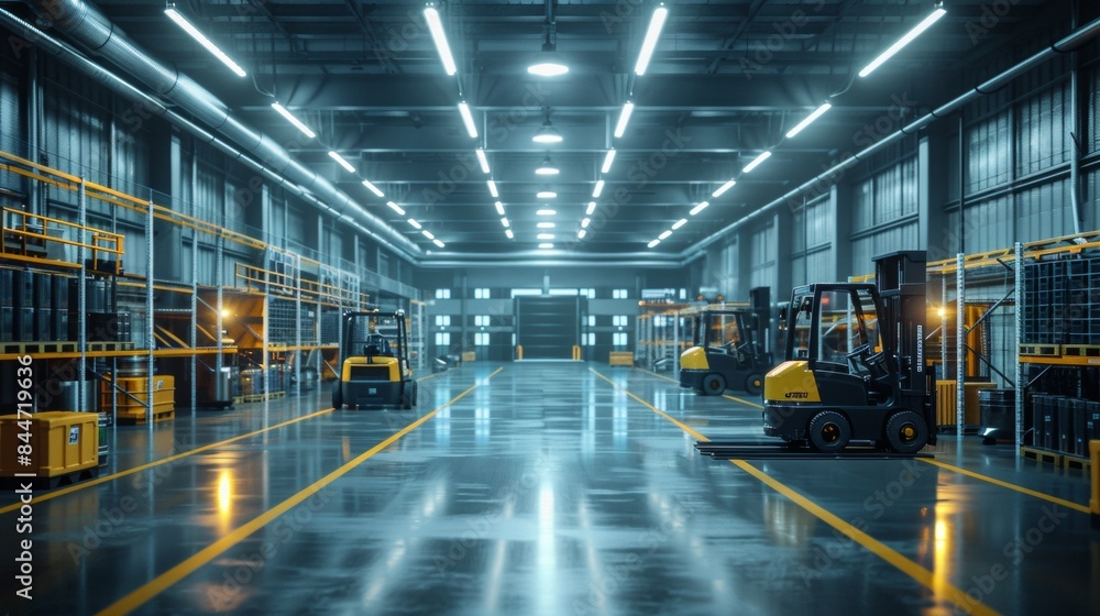 Futuristic warehouse with automated forklifts, organized storage racks, and modern lighting Futuristic warehouse with automated forklifts, organized storage racks, and modern lighting