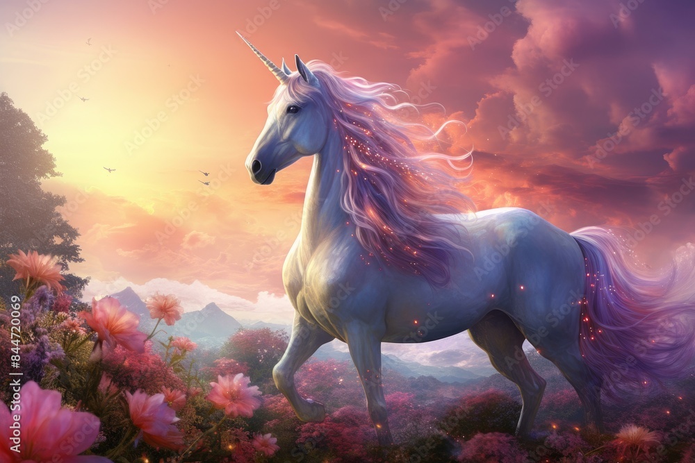 Digital illustration of a unicorn with a glowing mane in a magical flower field during sunset Digital illustration of a unicorn with a glowing mane in a magical flower field during sunset