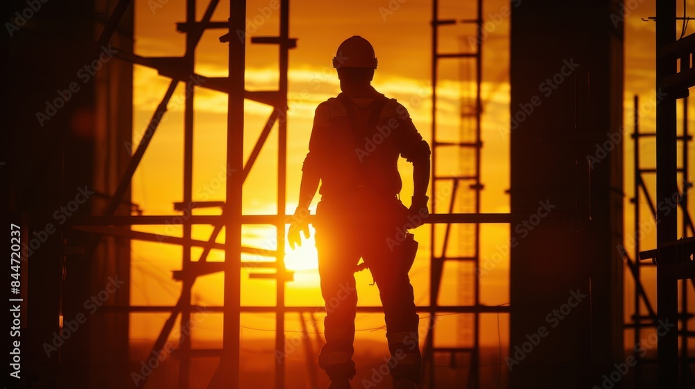 Silhouette of worker on building site, construction site Silhouette of worker on building site, construction site