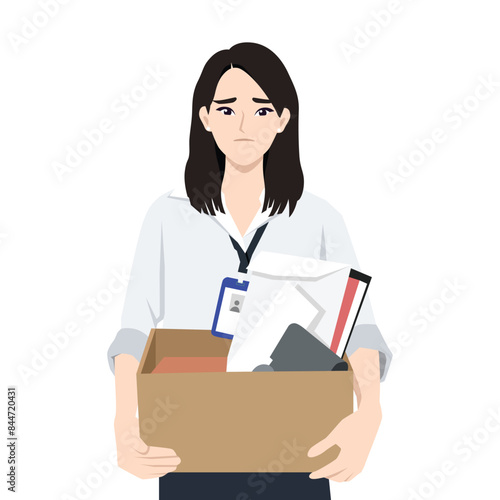 Stressed woman standing holding box with belongings being fired from her job.  Flat vector illustration isolated on white background