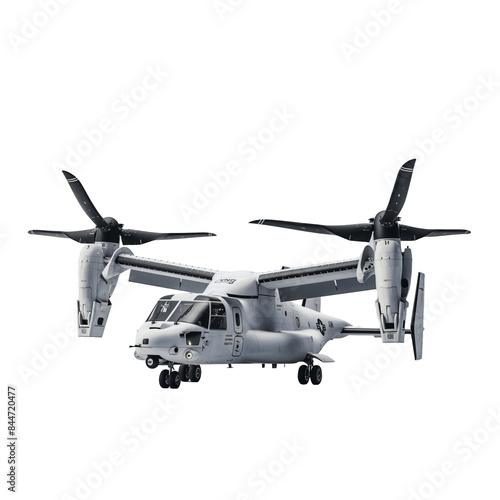 V-22 Osprey tiltrotor aircraft isolated on transparent png background. A white and gray military aircraft with a black tail