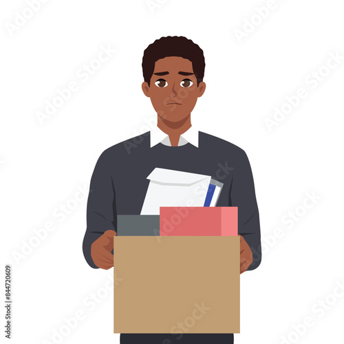 Young curly man worker standing feeling stressed being fired holding box with belongings.  Flat vector illustration isolated on white background