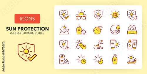 Line icons about sun protections. Contains such icons as sunscreen, sunglasses, waterproof and more. 256x256 Pixel Perfect editable in two colors