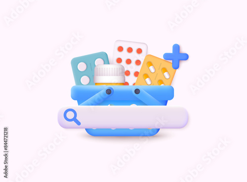 Person search and buying the pills online with the smartphone. Ordering medicines online concept. 3D Web Vector Illustrations.