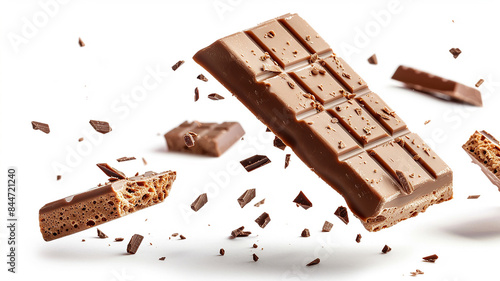 Chocolate bar wafer falling with choc flake in the air isolated on white background, piece of dark chocolate. wide angle. full frame shot