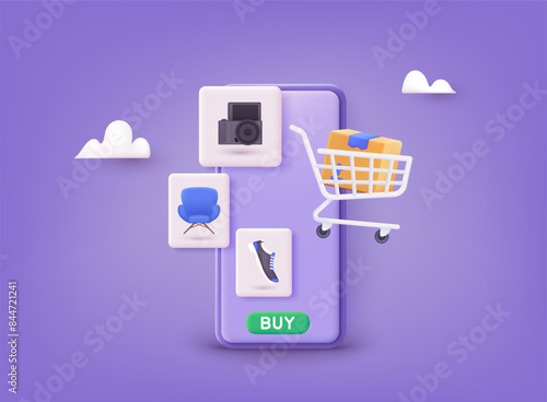.Online shopping on application and website concept, digital marketing online, shopping cart. 3D Vector Illustrations.