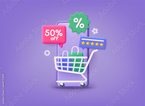 Online shopping on application and website concept, digital marketing online, shopping cart. 3D Vector Illustrations.