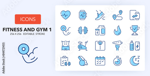 Line icons about fitness and gym. Contains such icons as training, personal trainer, workout and more. 256x256 Pixel Perfect editable in two colors. Set 1 of 2