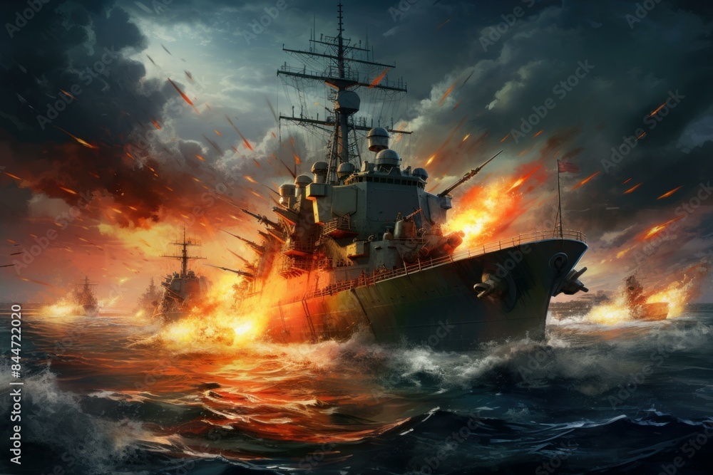 Dramatic artwork of warships engaged in a fiery naval battle on the high seas at sunset Dramatic artwork of warships engaged in a fiery naval battle on the high seas at sunset