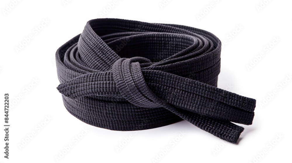 Karate black belt coiled on a white background