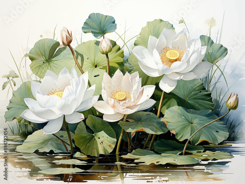White lotus set, watercolor botanical illustration Hand-drawn floral illustration isolated on a white background