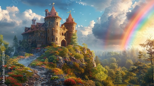 A whimsical fairy tale castle perched on a hill with a vibrant rainbow in the background. 