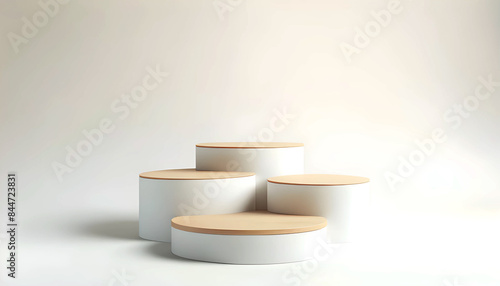 Abstract minimalist background with a 3D podium, perfect for product presentations. The clean white design and soft lighting create a modern and elegant scene