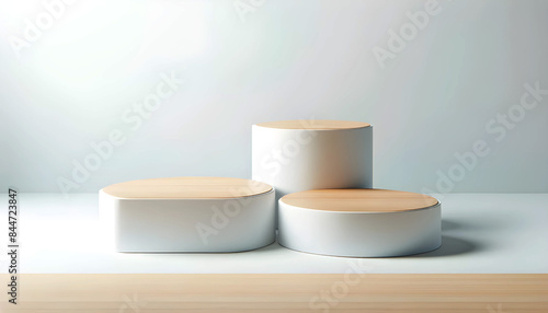 Abstract minimalist background with a 3D podium, perfect for product presentations. The clean white design and soft lighting create a modern and elegant scene