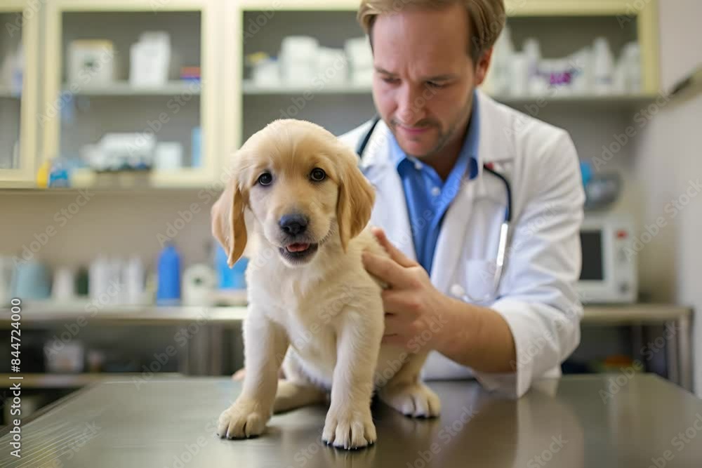 Vet examines a happy puppy at the clinic, showing care and expertise in animal health Vet examines a happy puppy at the clinic, showing care and expertise in animal health
