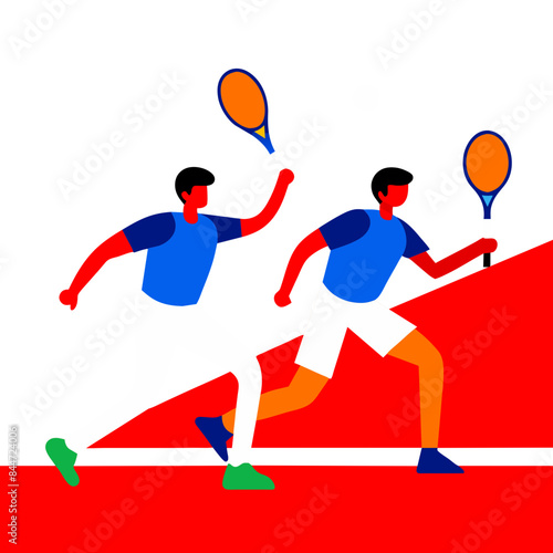 Dynamic Tennis Match Illustration - two tennis players in action on a red court
