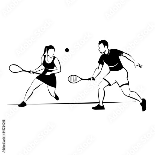 Illustration of a mixed doubles tennis match.
