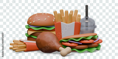 Vector group of fast food in realistic style. Meat, vegetable dishes, drink
