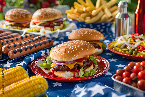 A detailed image of a red, white, and blue decorated table with traditional 4th of July food such as hot dogs, hamburgers, and corn on the cob photo