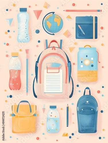 Stylish and Vibrant Back to School or Office Supplies Flatlay with Backpack Notebooks Pens Water Bottle and Other Stationery Items