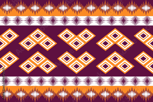 The fabric pattern consists of red, purple, and shades of orange and white.
Boho geometric ornament. 
Vector seamless pattern. Navajo tribal vector seamless pattern.
Native American ornament.