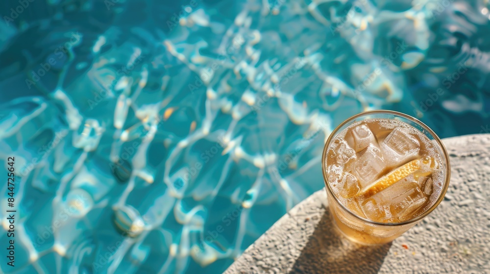 A glass of refreshing summer drink at the poolside. Relaxation and vacation photo concept. A glass of refreshing summer drink at the poolside. Relaxation and vacation photo concept.